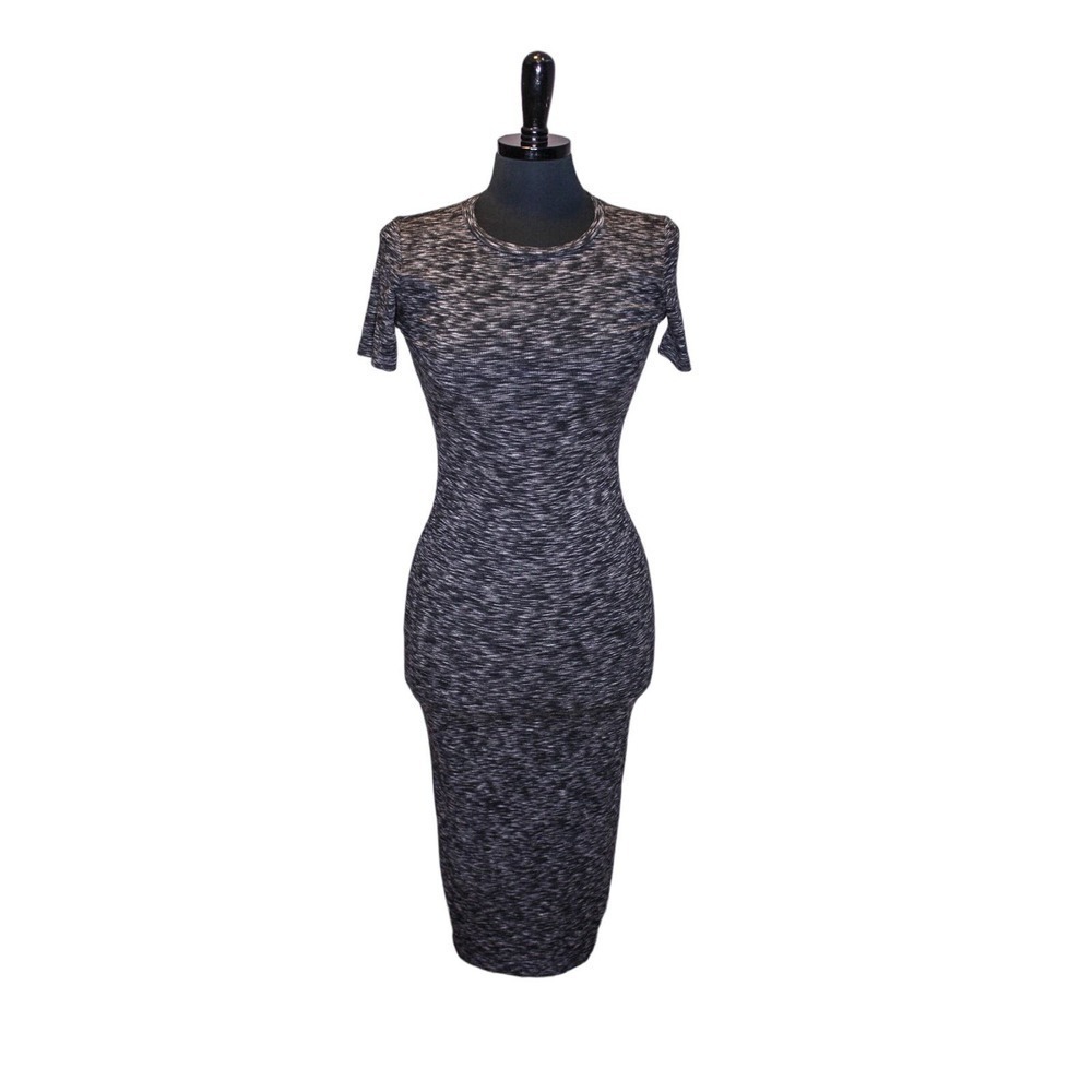 Milky Way Bodycon Midi Dress Stretch Ribbed Gray Short Sleeves